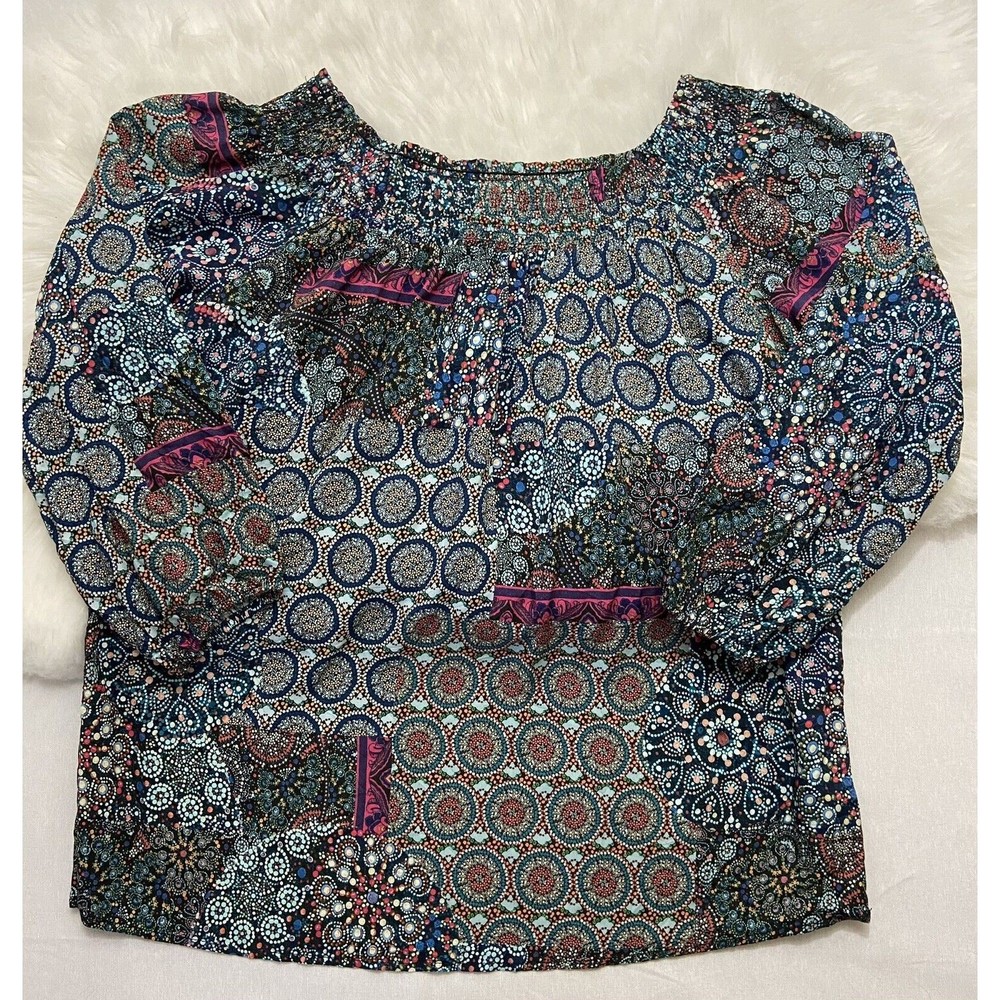 Desigual Size Small Smocked Viscose Multicolor Print 3/4 Sleeve Top